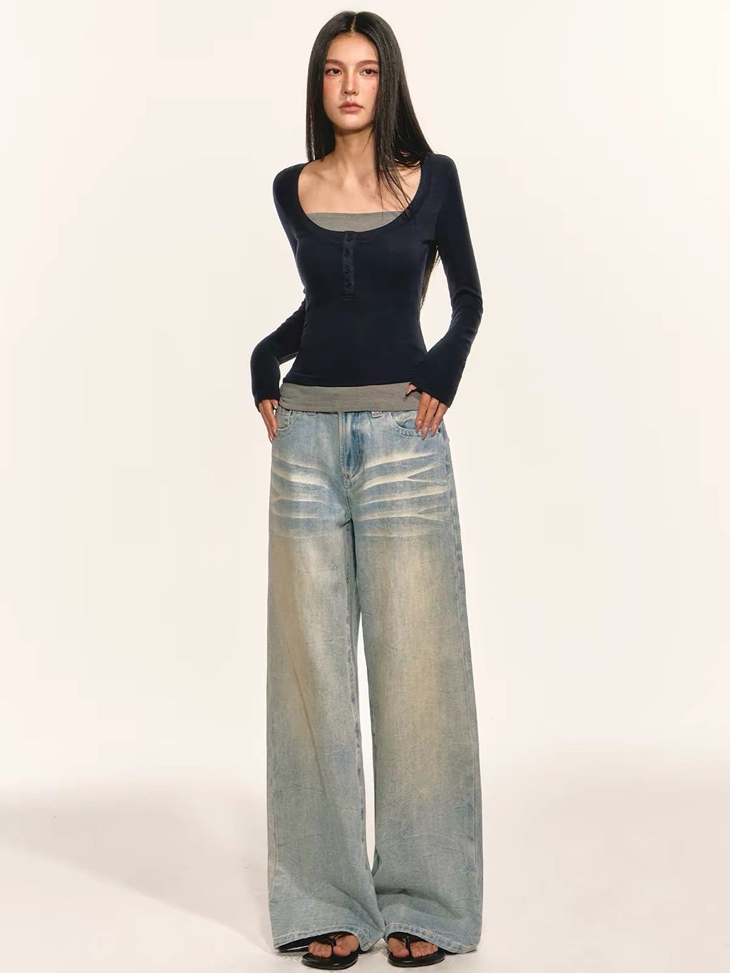 Germayn Contrast Layered-Look Henley Fitted Top 