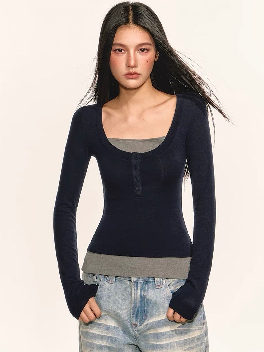 Germayn Contrast Layered-Look Henley Fitted Top 