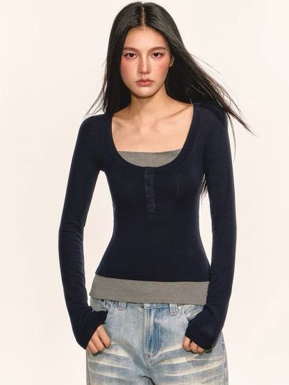Germayn Contrast Layered-Look Henley Fitted Top 