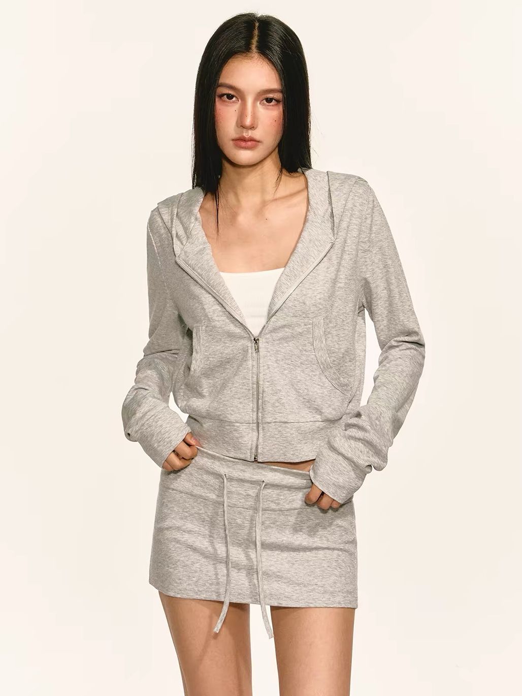 Goergeta Zip Hoodie & Ruched Mini Skirt (Sold Seperately)