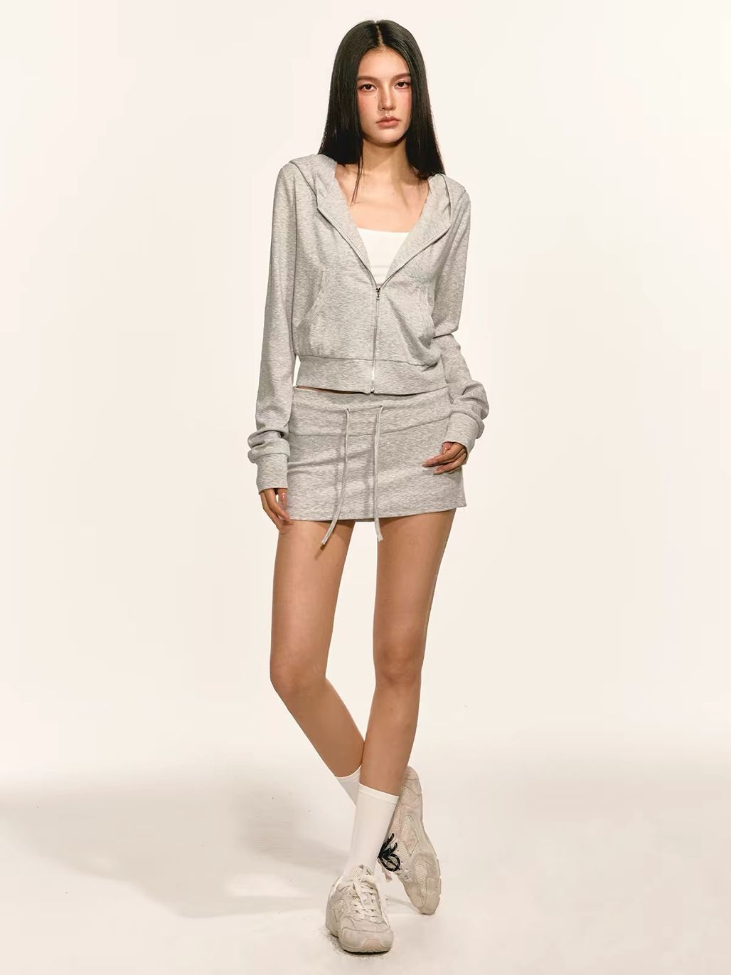 Goergeta Zip Hoodie & Ruched Mini Skirt (Sold Seperately)