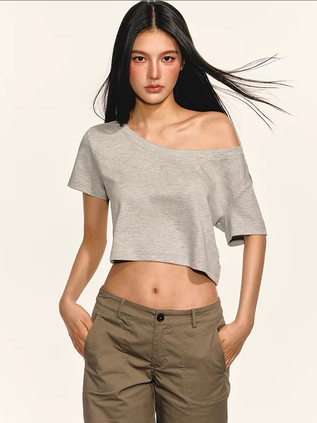 Geo Relaxed Off-Shoulder Cropped Tee