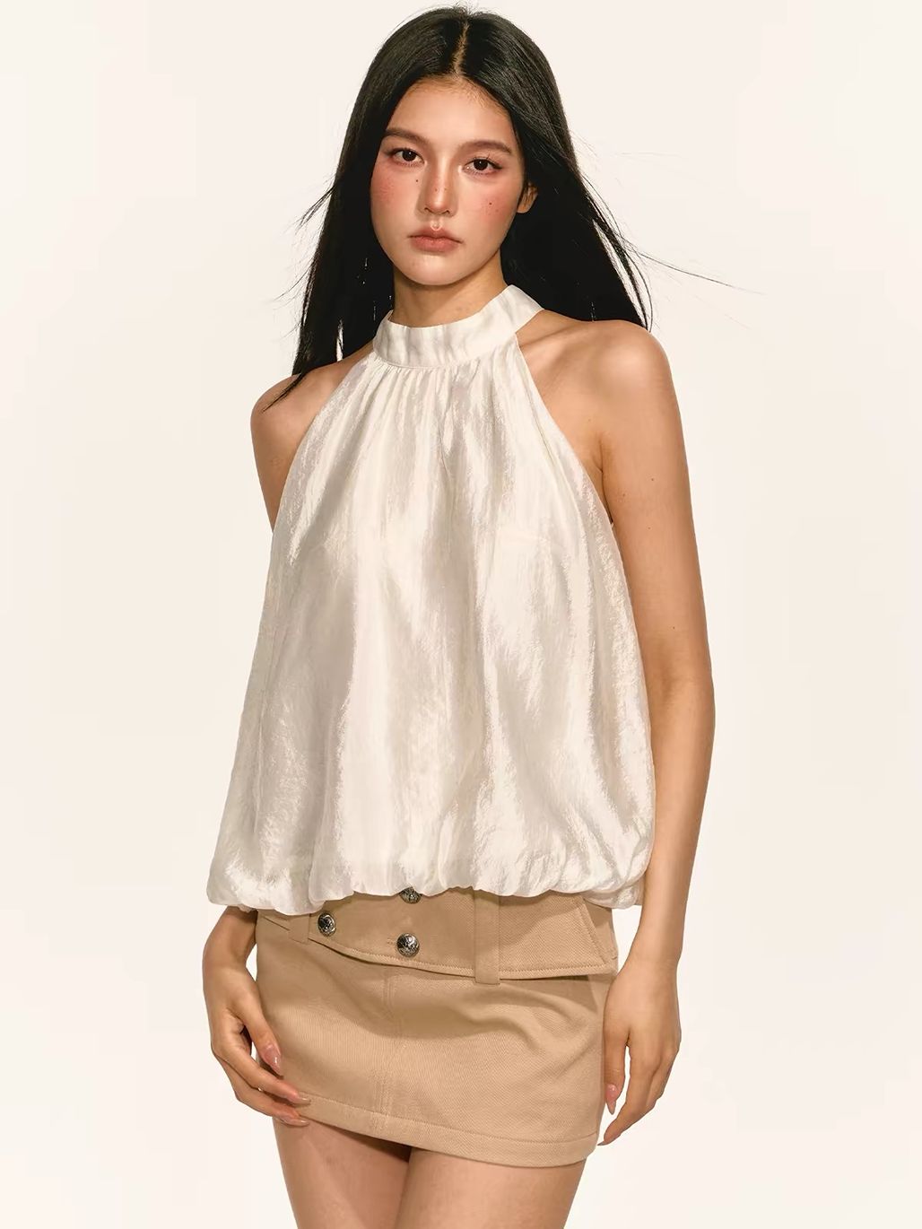Gitty Satin Bubble-Hem Halter Top