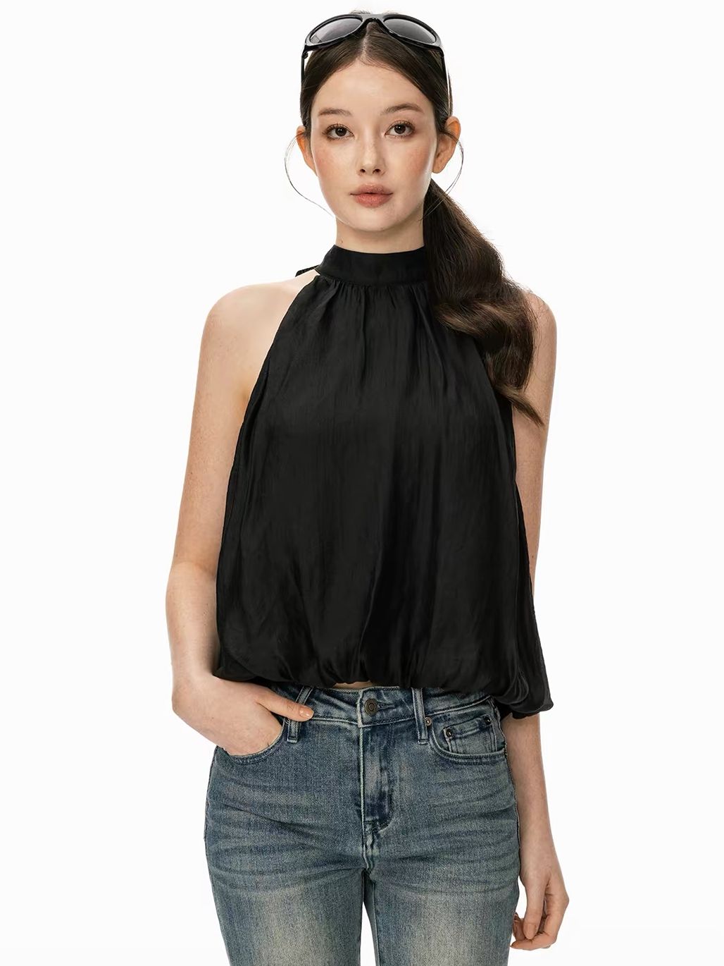 Gitty Satin Bubble-Hem Halter Top