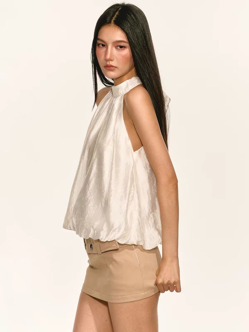 Gitty Satin Bubble-Hem Halter Top