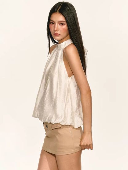 Gitty Satin Bubble-Hem Halter Top