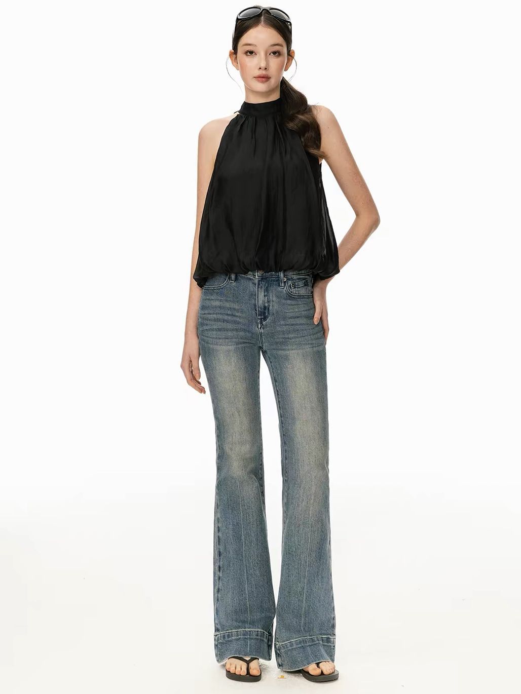 Gitty Satin Bubble-Hem Halter Top