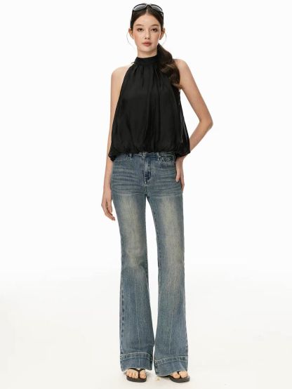 Gitty Satin Bubble-Hem Halter Top