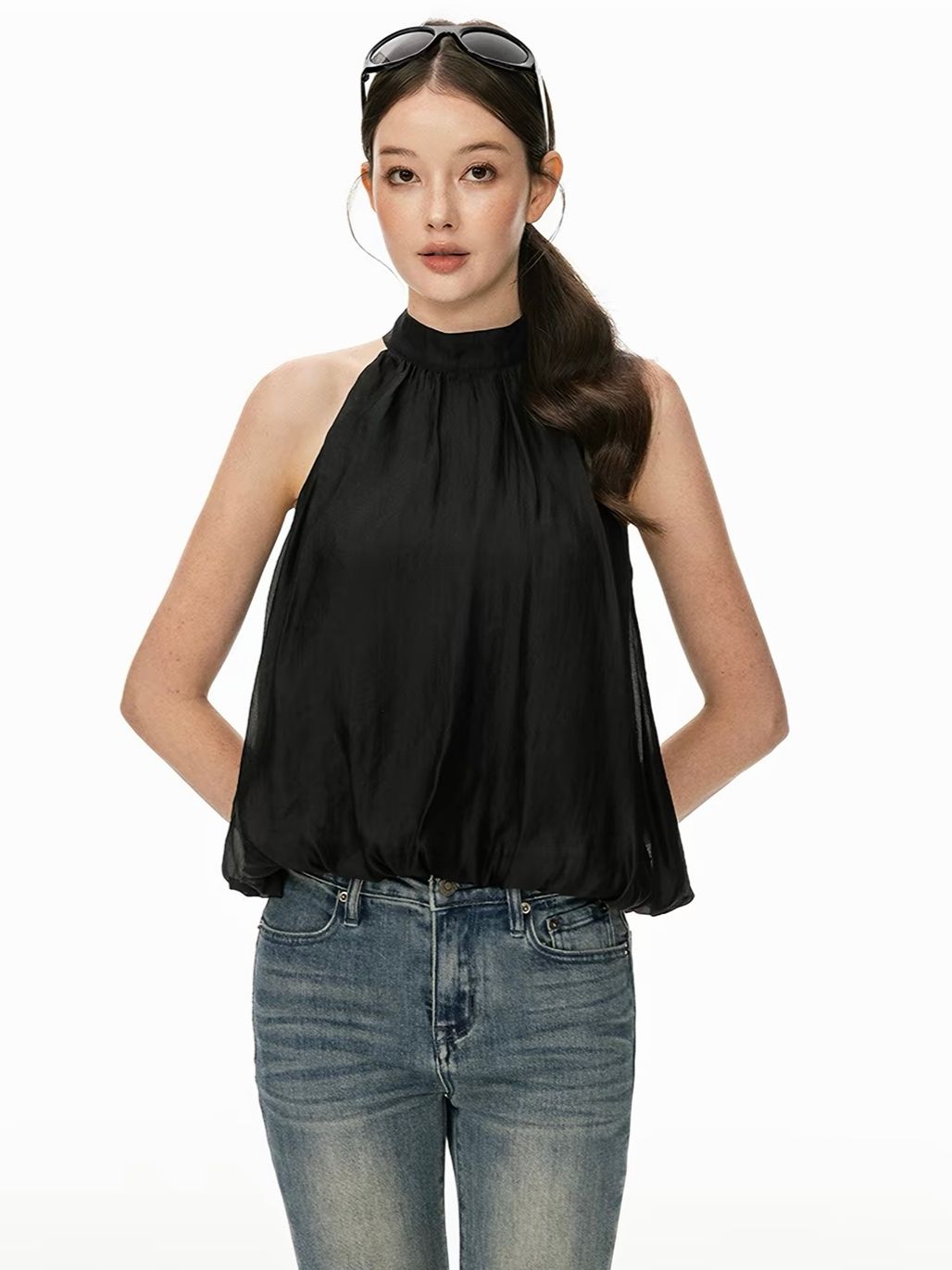 Gitty Satin Bubble-Hem Halter Top
