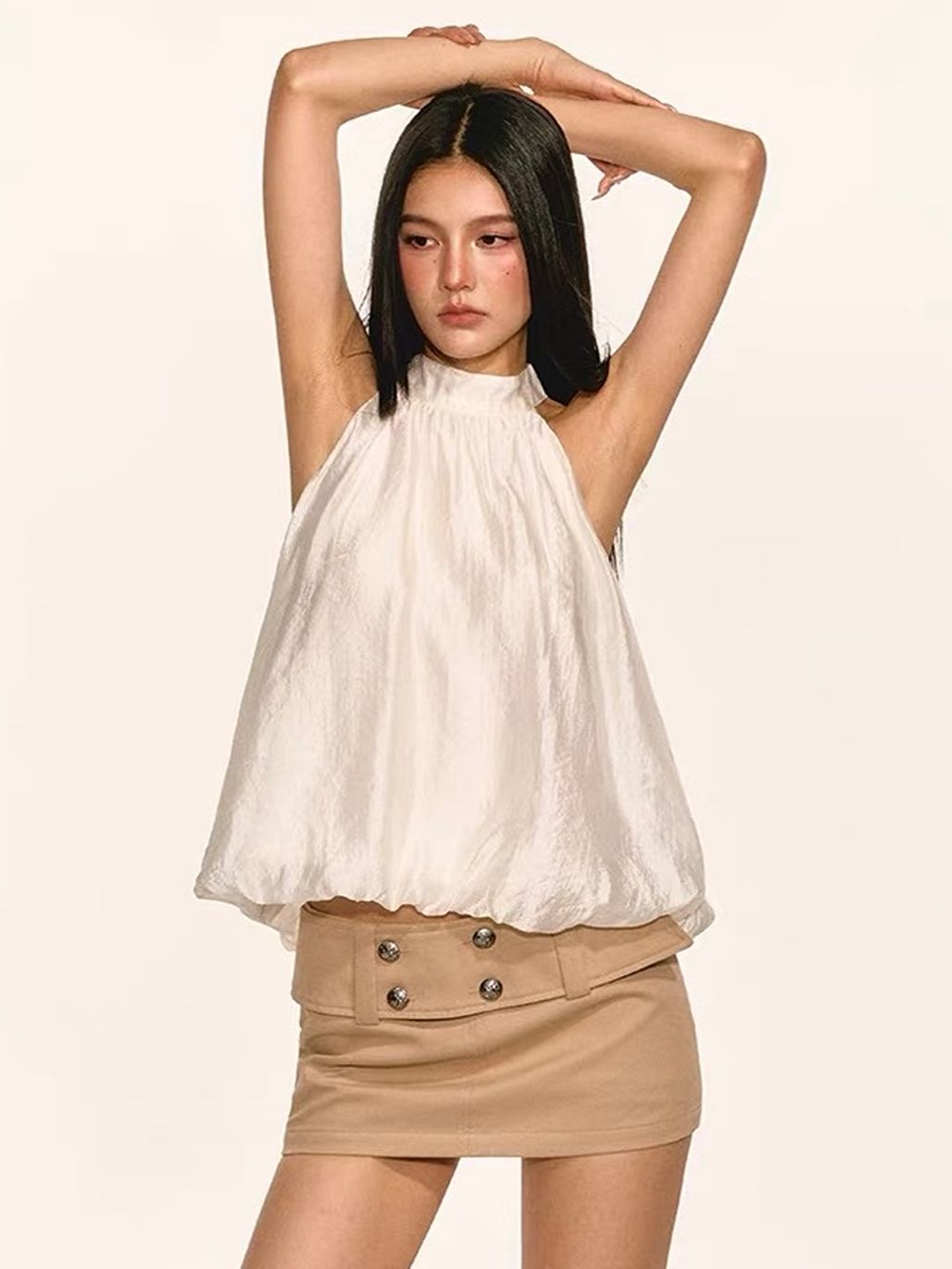 Gitty Satin Bubble-Hem Halter Top