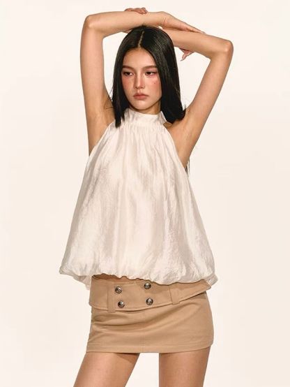 Gitty Satin Bubble-Hem Halter Top