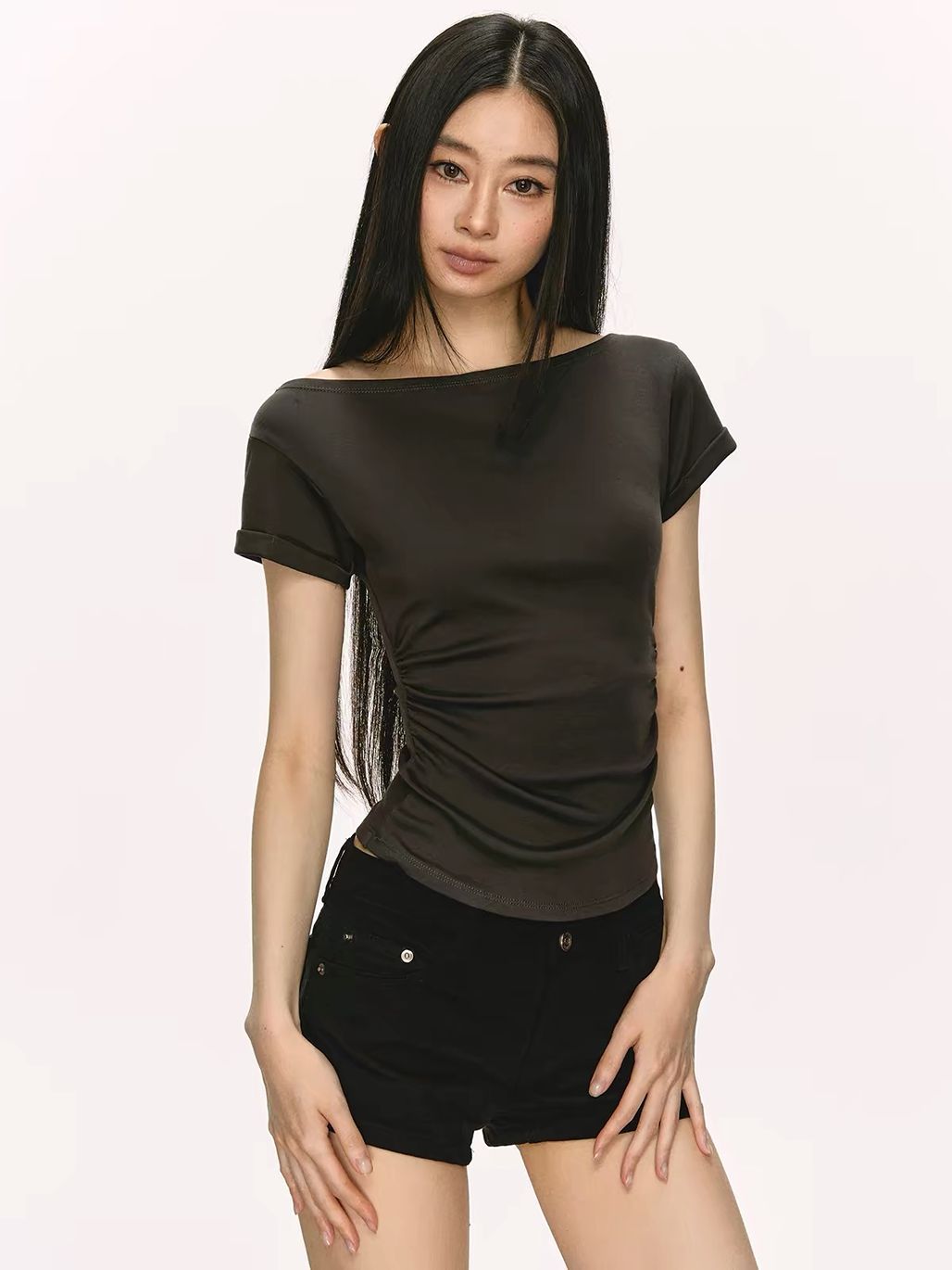 Gwenita Rolled-Cuff One-Shoulder Fitted Tee