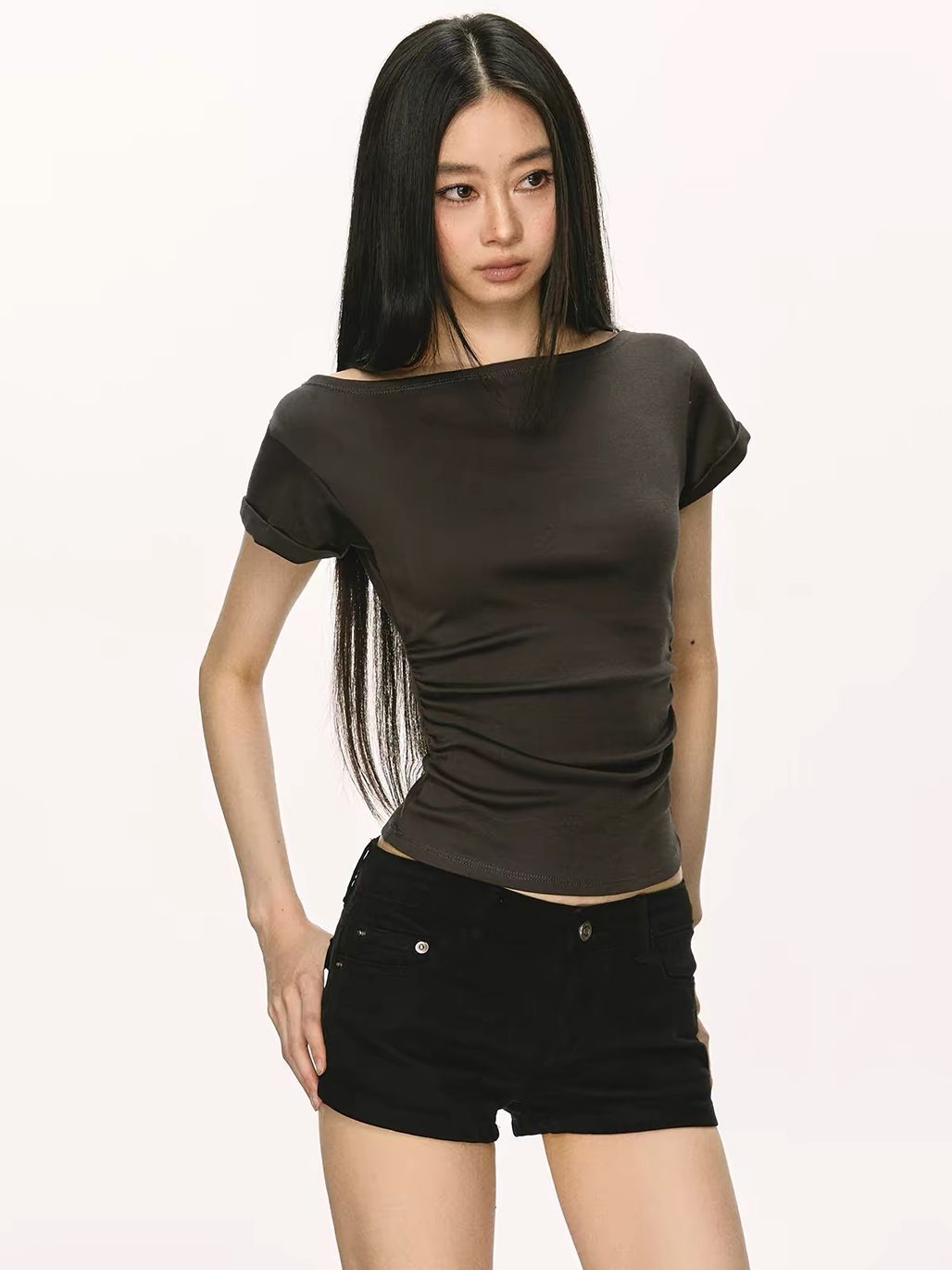 Gwenita Rolled-Cuff One-Shoulder Fitted Tee