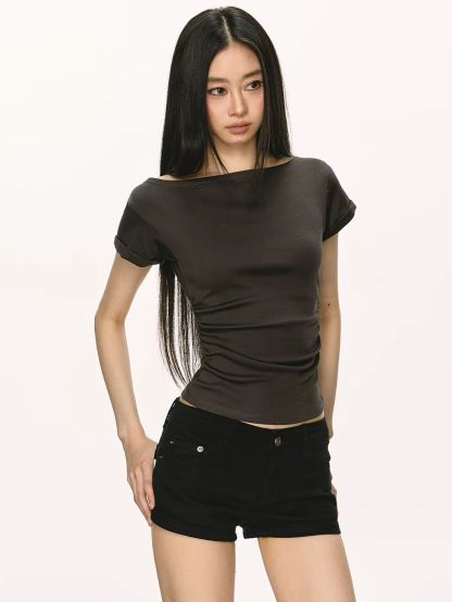 Gwenita Rolled-Cuff One-Shoulder Fitted Tee
