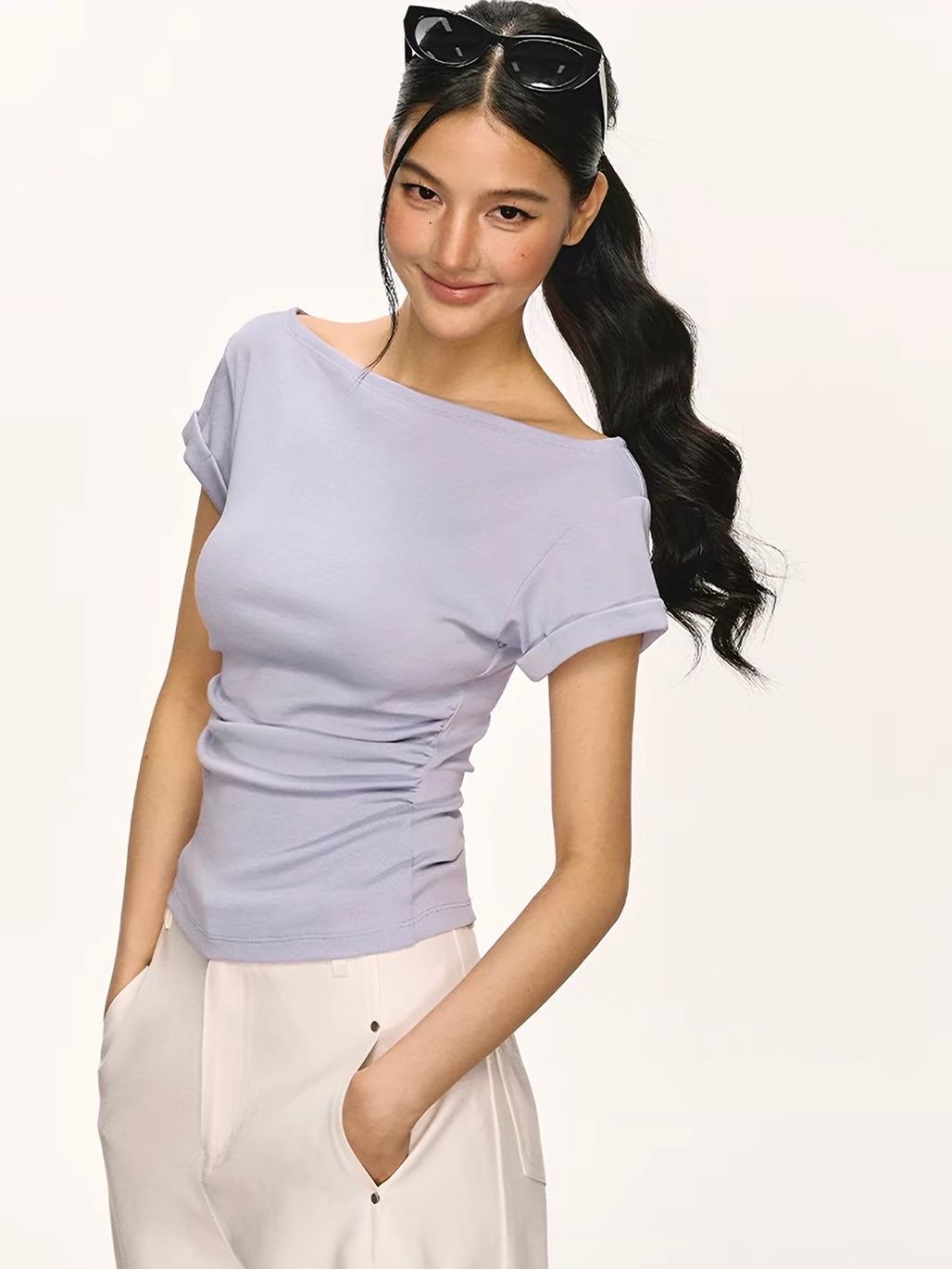 Gwenita Rolled-Cuff One-Shoulder Fitted Tee