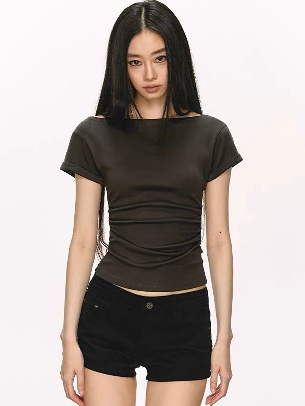 Gwenita Rolled-Cuff One-Shoulder Fitted Tee