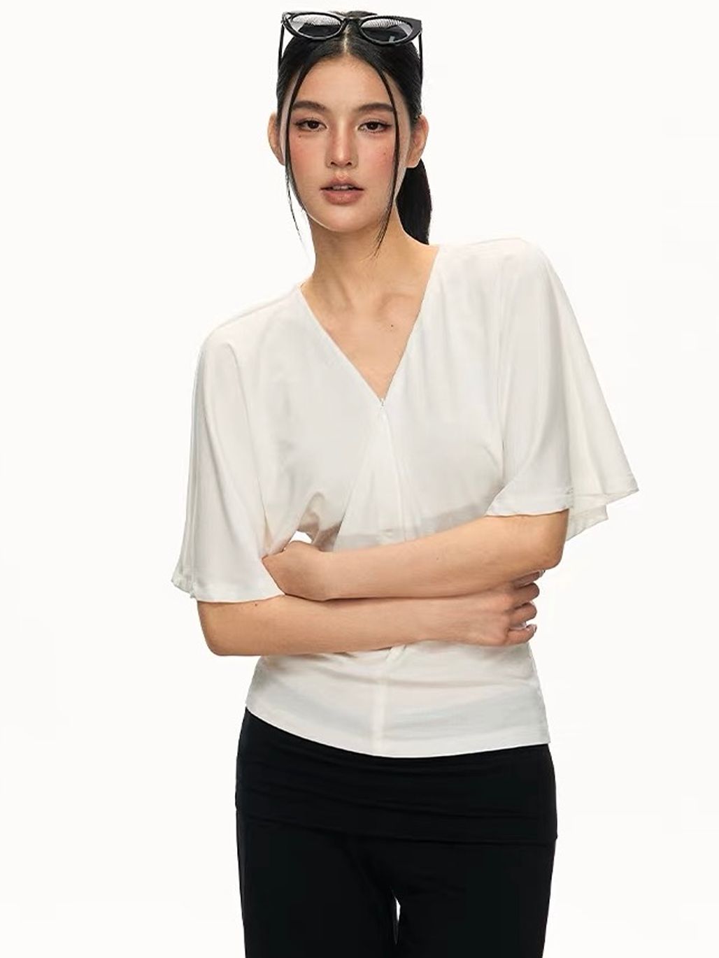 Gypsum Draped-Sleeve Wrap Blouse