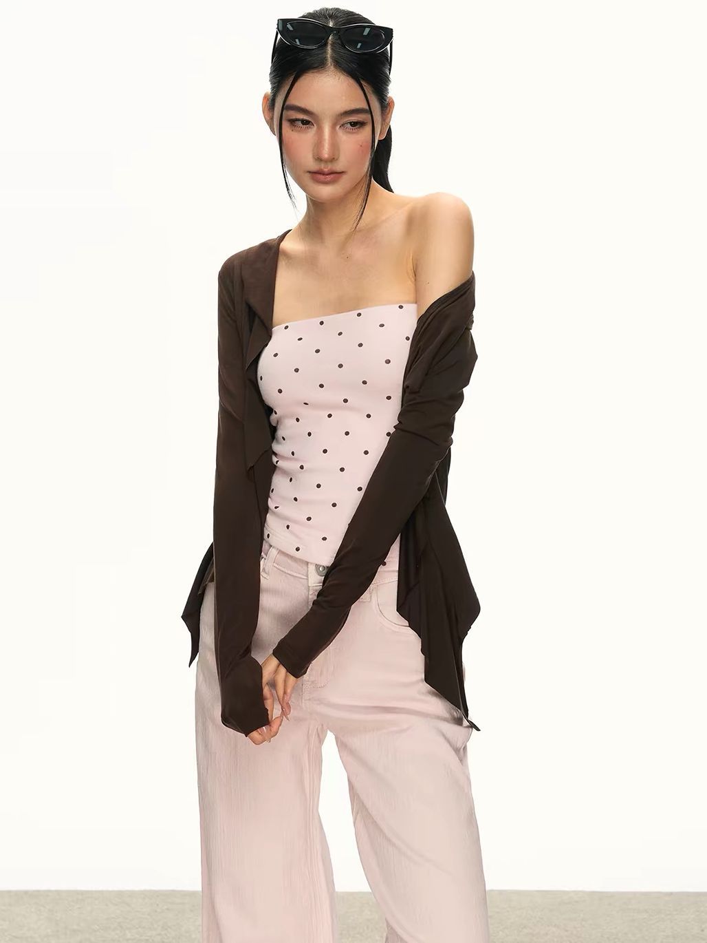Gyuri Polka-Dot Tube Top & Asymmetric Ruffle Cardigan (Sold Seperately)