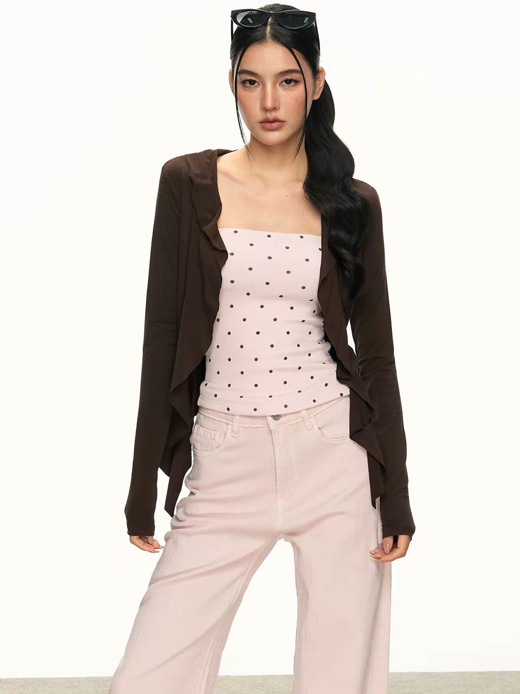 Gyuri Polka-Dot Tube Top & Asymmetric Ruffle Cardigan (Sold Seperately)