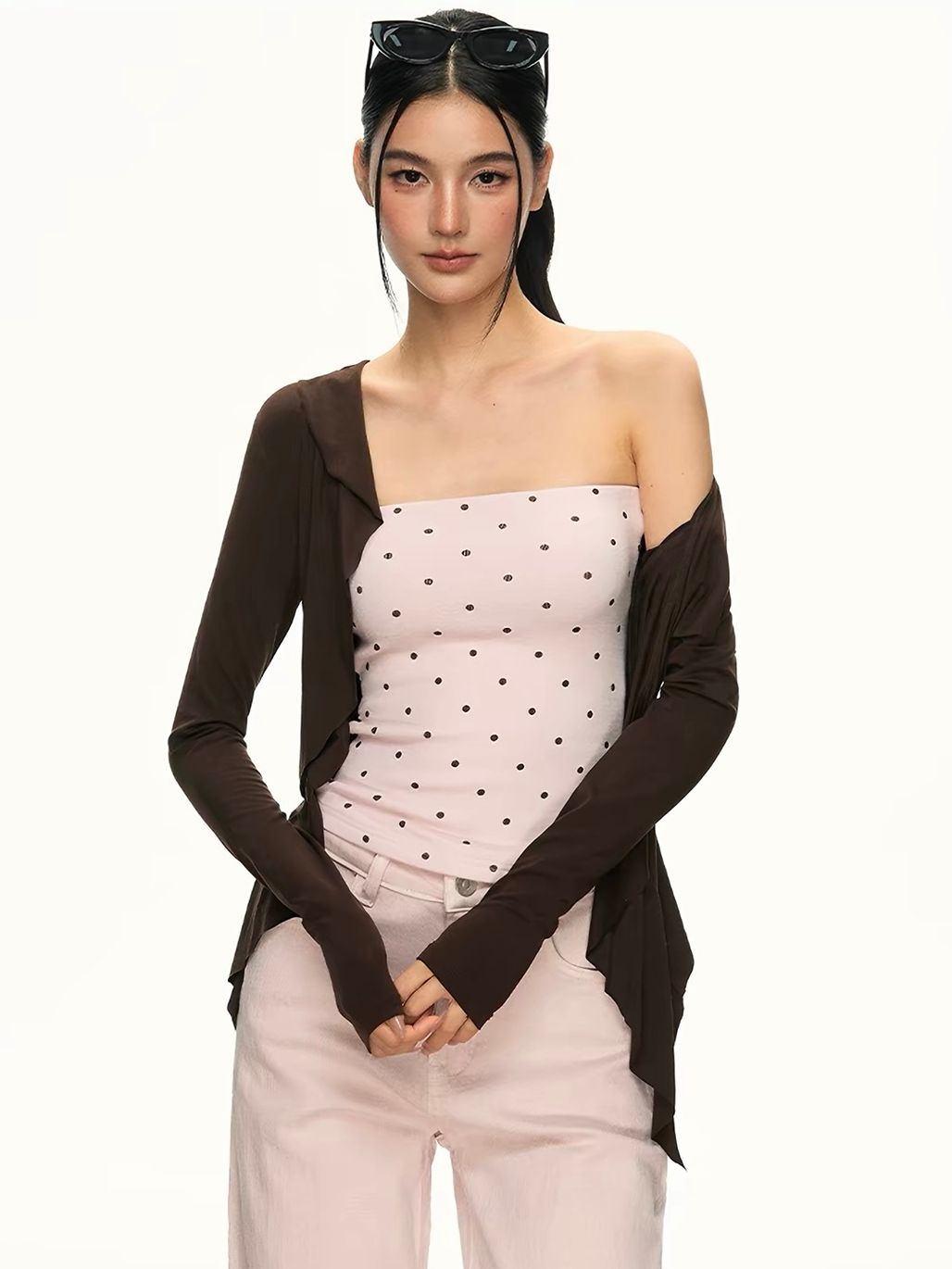 Gyuri Polka-Dot Tube Top & Asymmetric Ruffle Cardigan (Sold Seperately)
