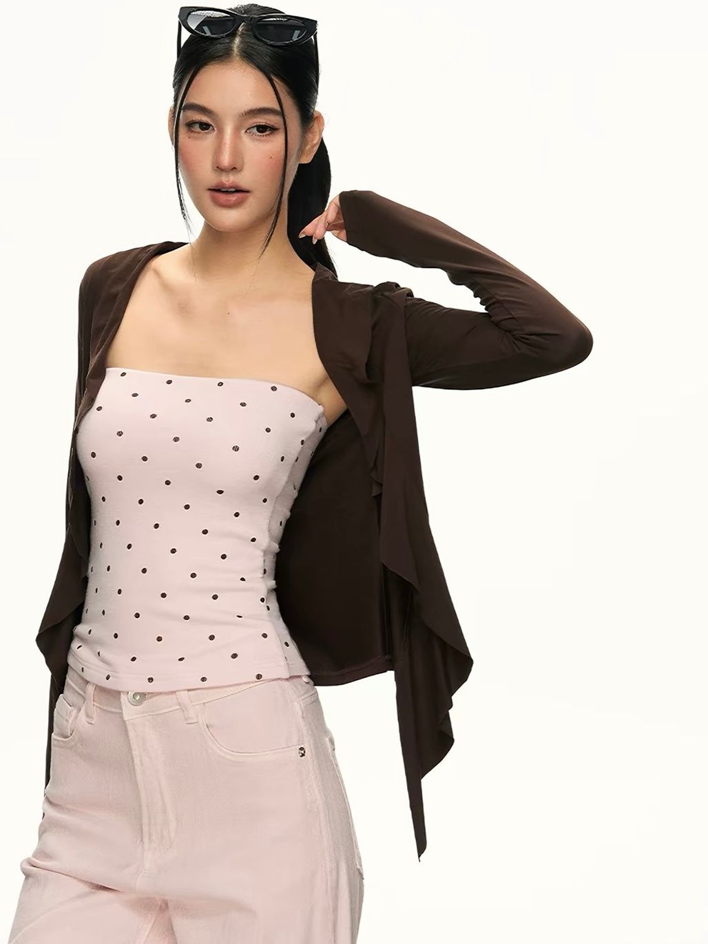 Gyuri Polka-Dot Tube Top & Asymmetric Ruffle Cardigan (Sold Seperately)