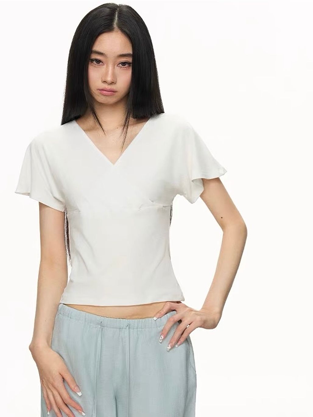 Gin Flutter-Sleeve Wrap Fitted Top