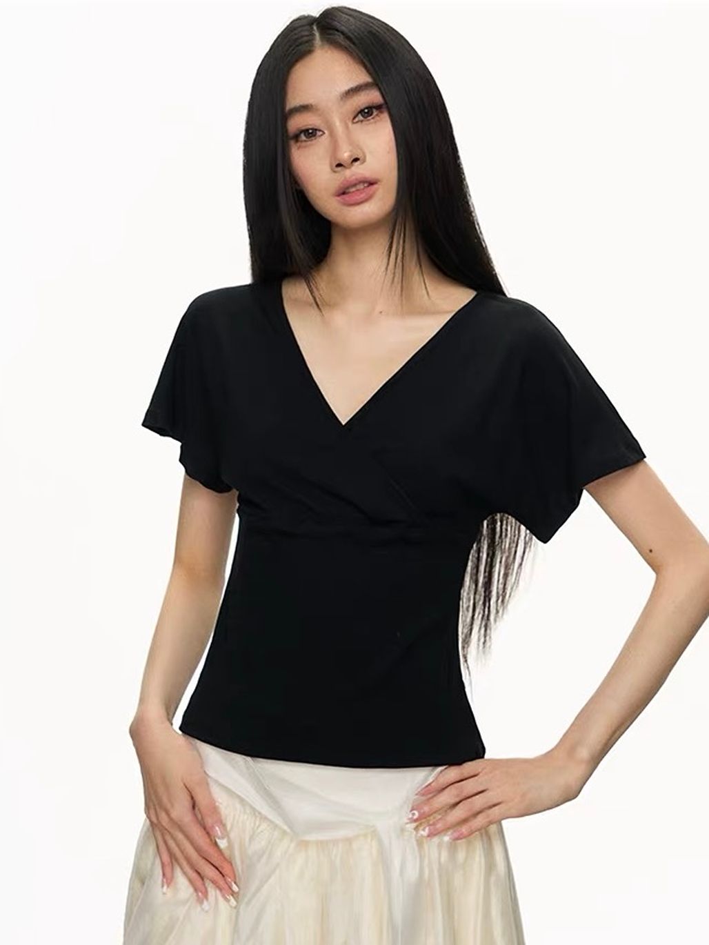 Gin Flutter-Sleeve Wrap Fitted Top