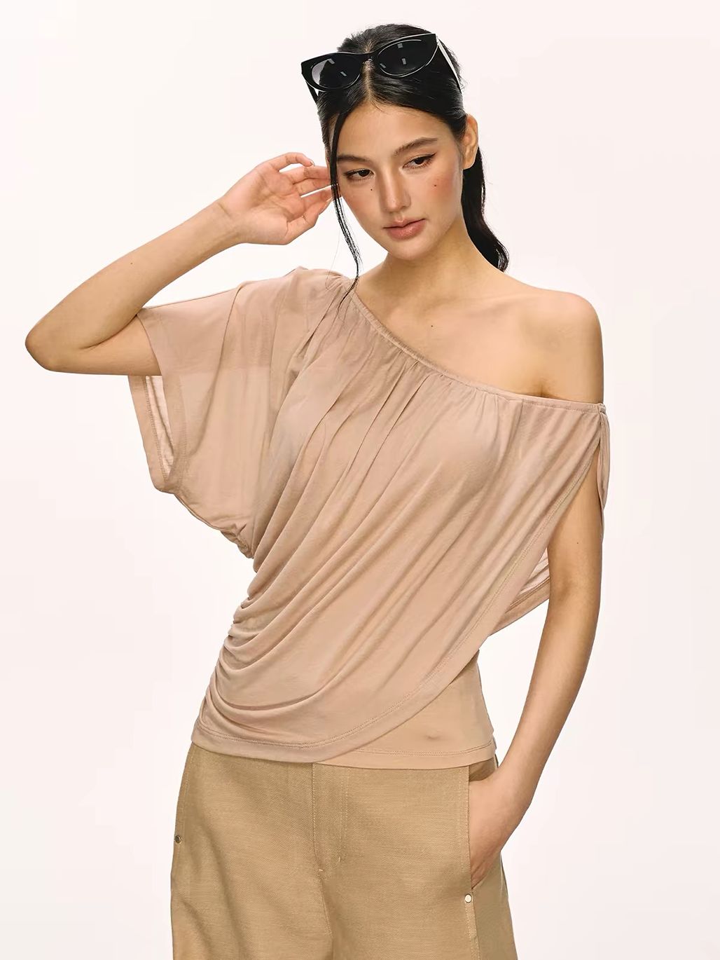 Gella Sheer Draped One-Shoulder Top