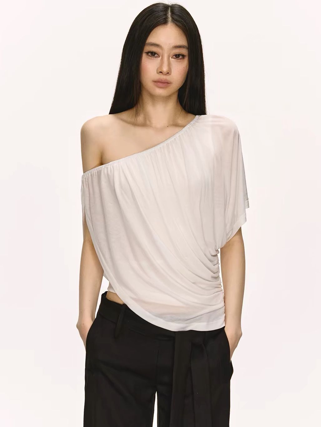 Gella Sheer Draped One-Shoulder Top