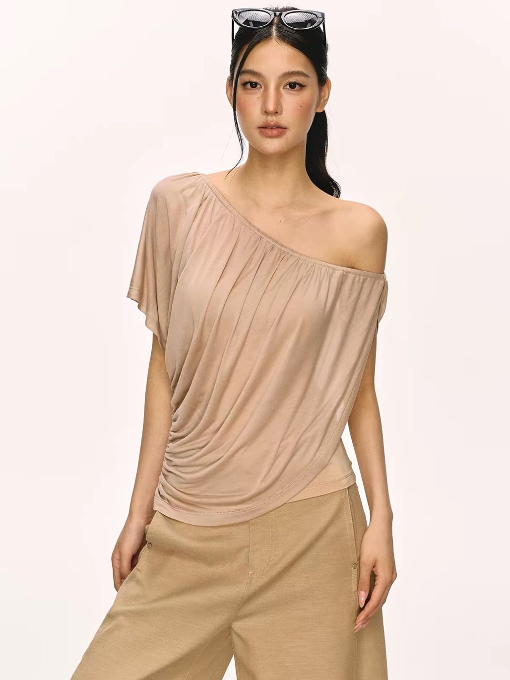 Gella Sheer Draped One-Shoulder Top