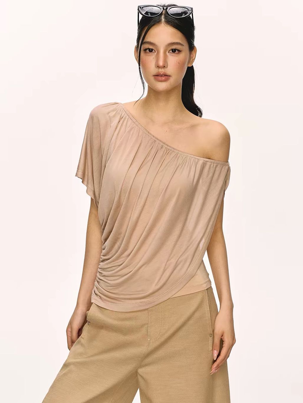 Gella Sheer Draped One-Shoulder Top