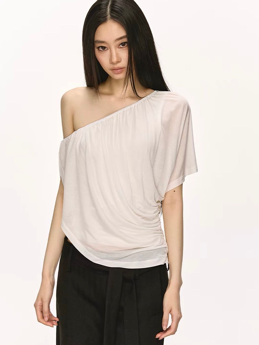 Gella Sheer Draped One-Shoulder Top