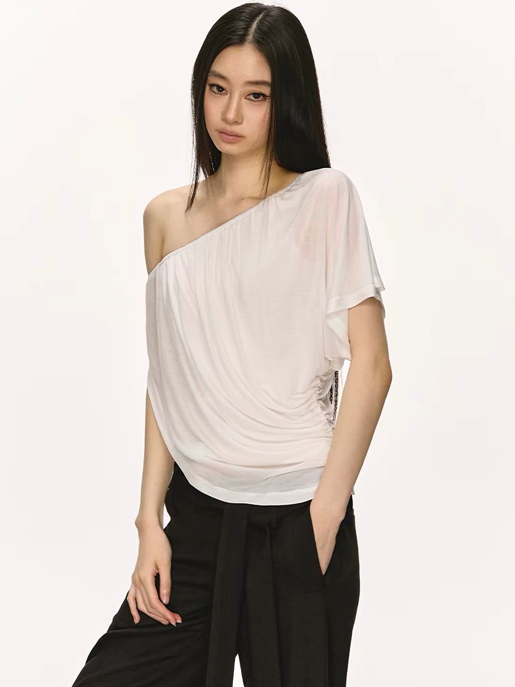 Gella Sheer Draped One-Shoulder Top