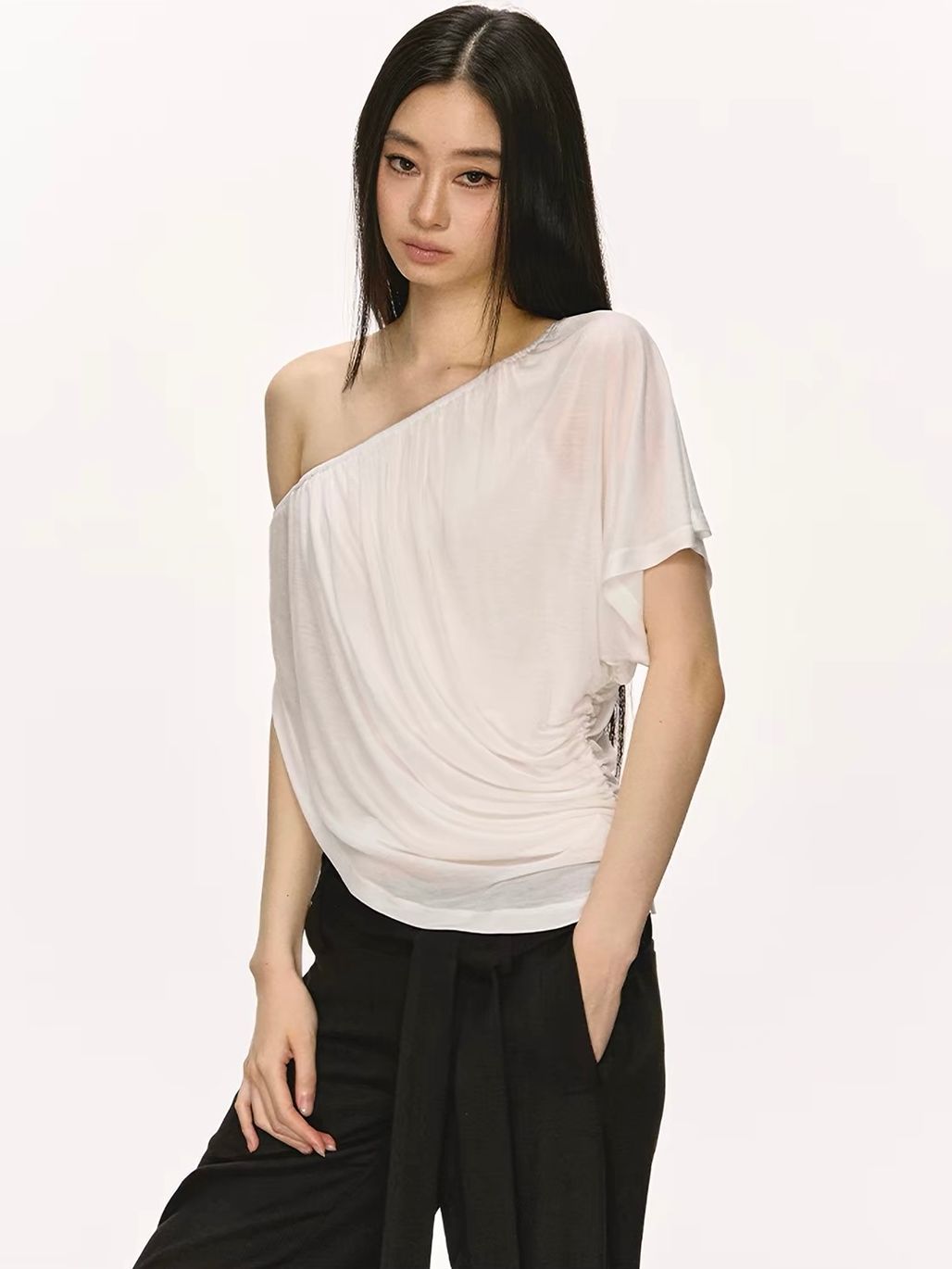 Gella Sheer Draped One-Shoulder Top