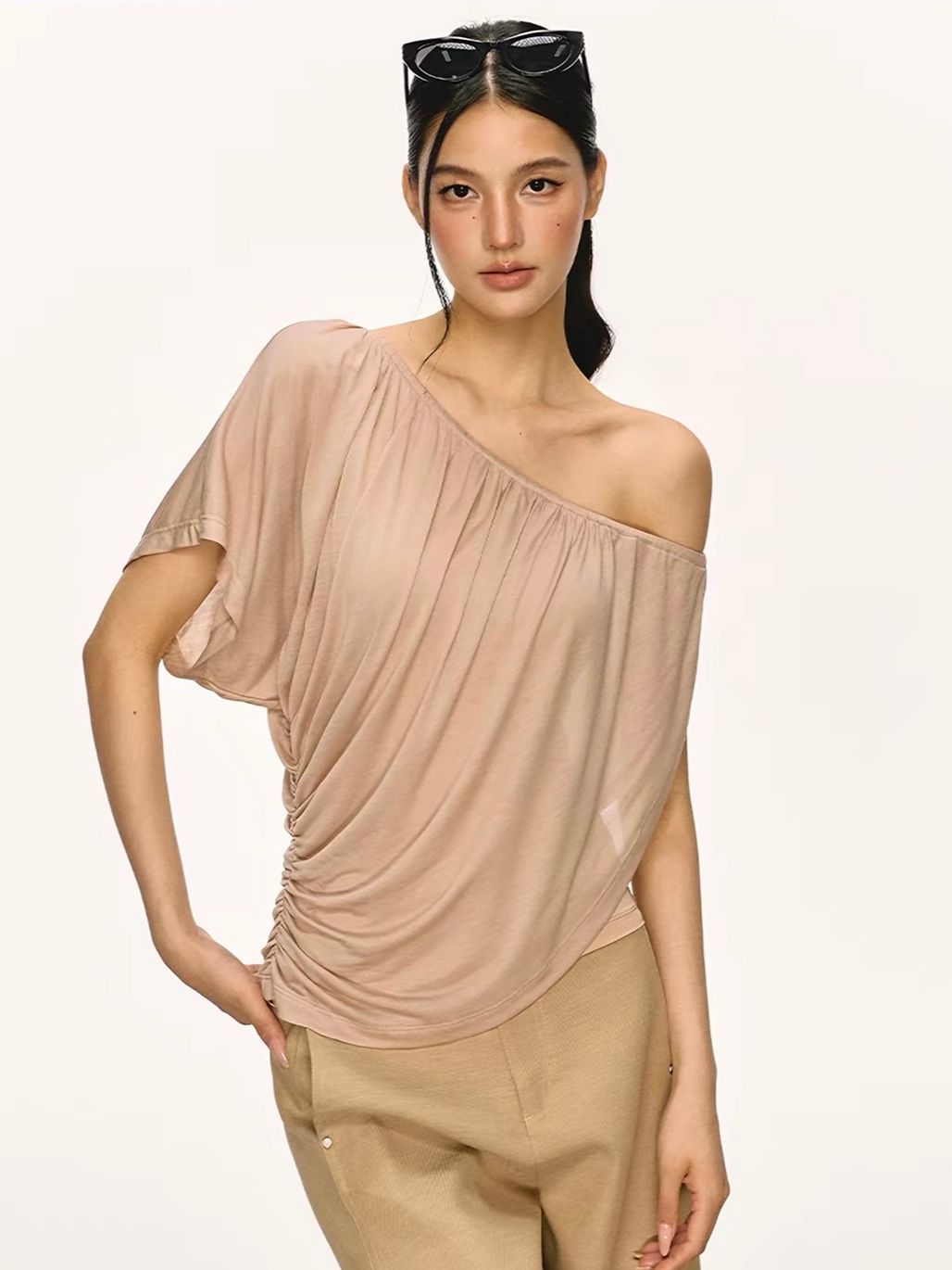 Gella Sheer Draped One-Shoulder Top
