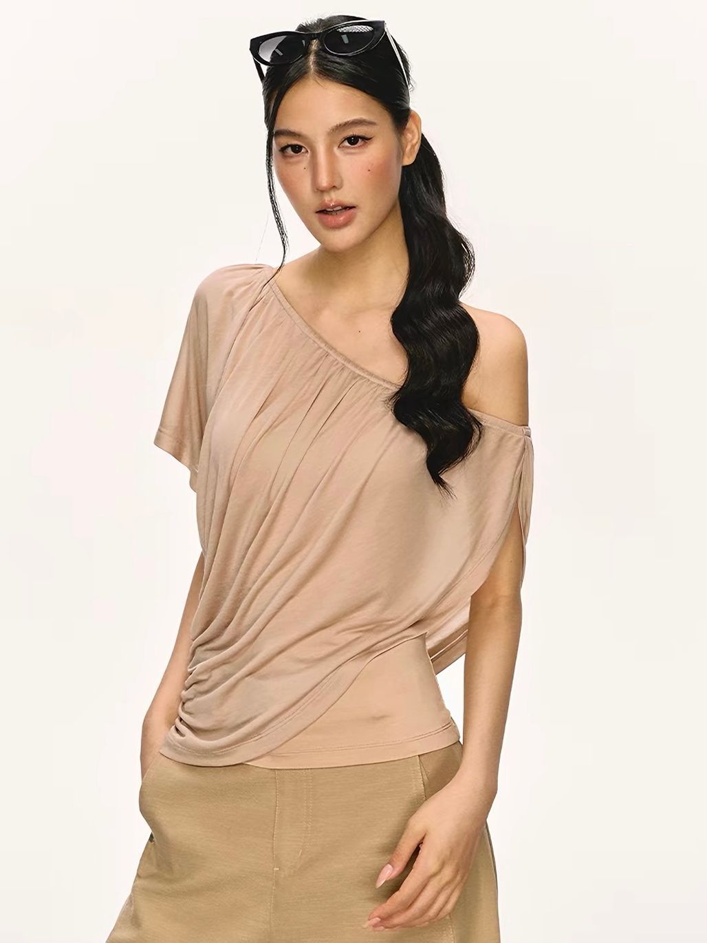 Gella Sheer Draped One-Shoulder Top