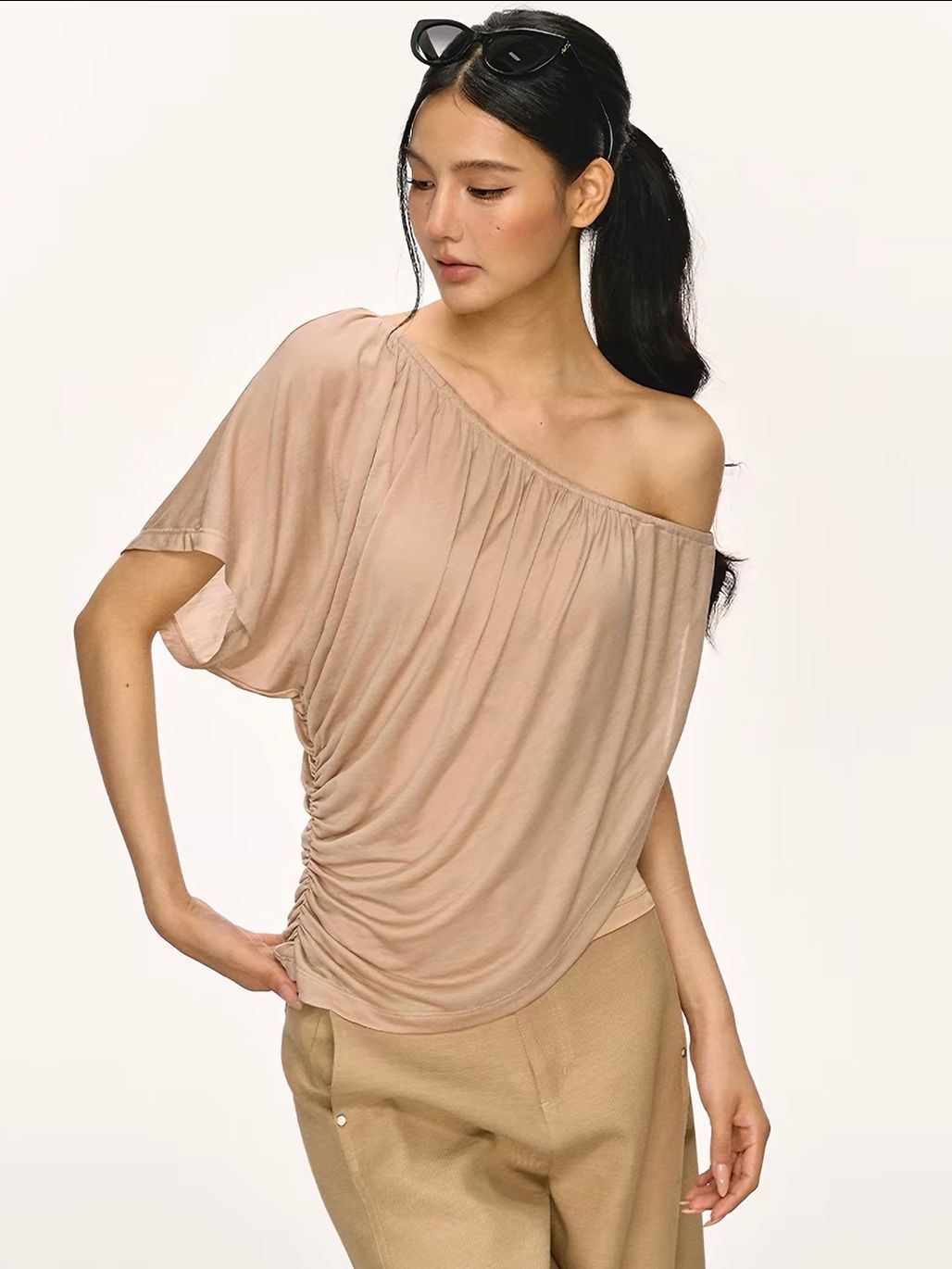Gella Sheer Draped One-Shoulder Top