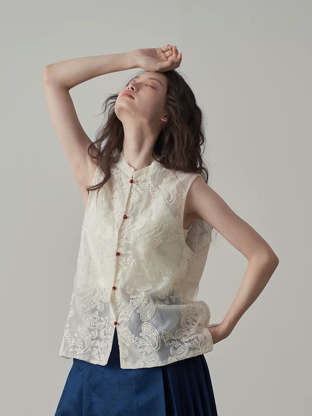 Yan Ai Sheer Embroidered Mandarin-Collar Vest &  Culottes (Sold Seperately)