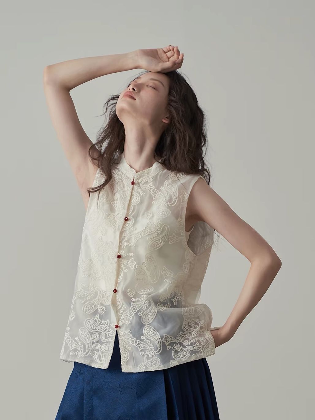 Yan Ai Sheer Embroidered Mandarin-Collar Vest &  Culottes (Sold Seperately)