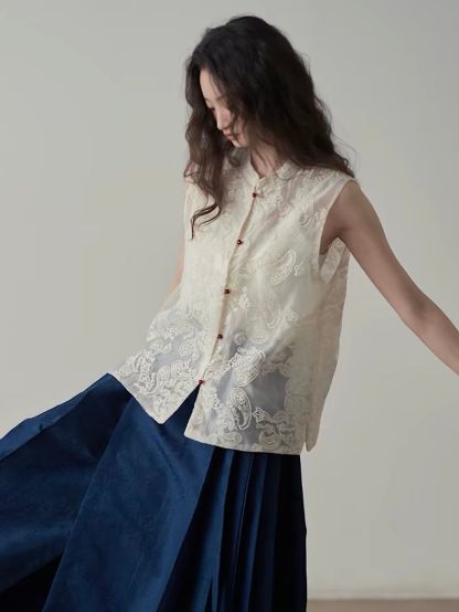 Yan Ai Sheer Embroidered Mandarin-Collar Vest &  Culottes (Sold Seperately)