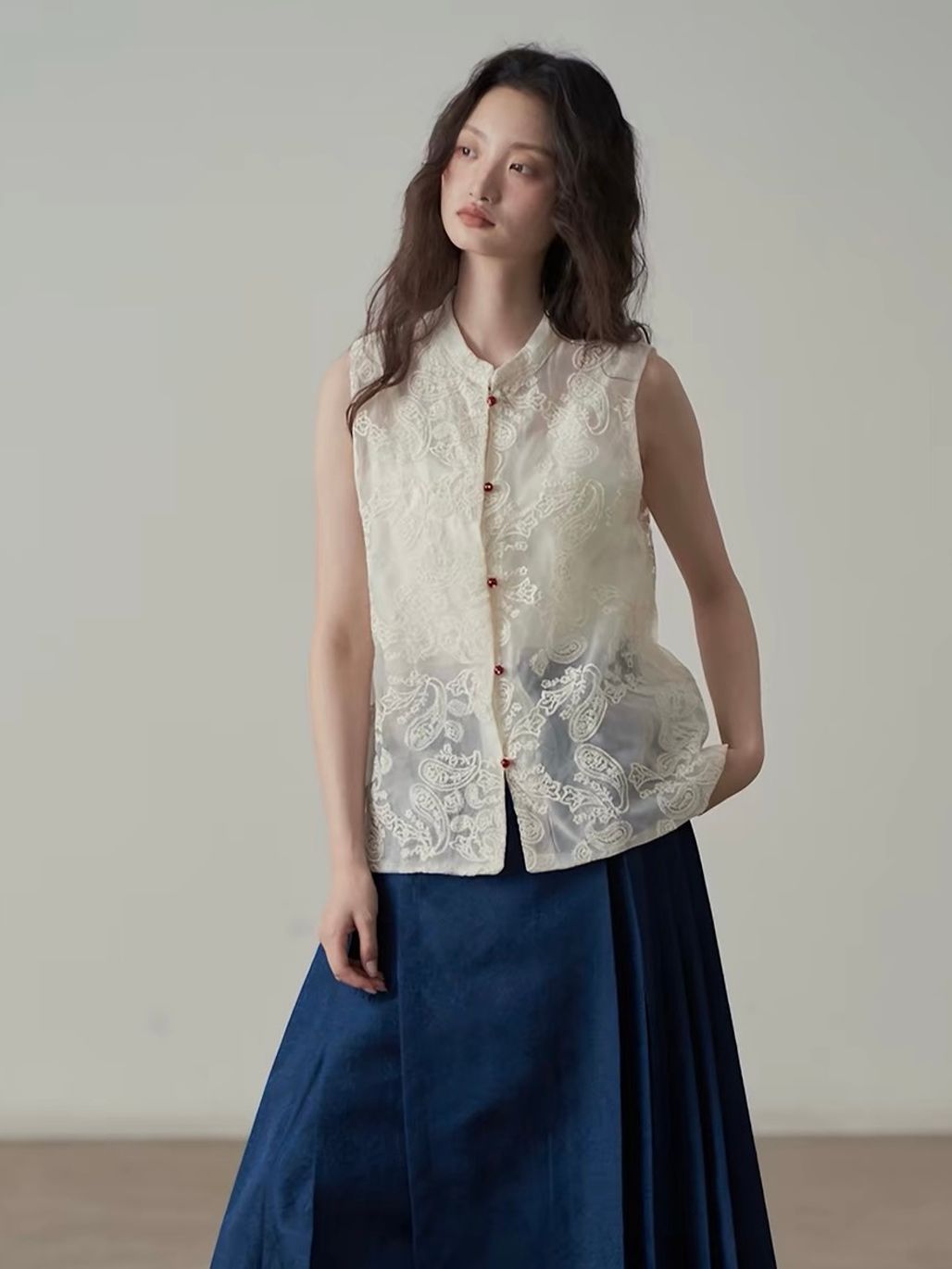 Yan Ai Sheer Embroidered Mandarin-Collar Vest &  Culottes (Sold Seperately)