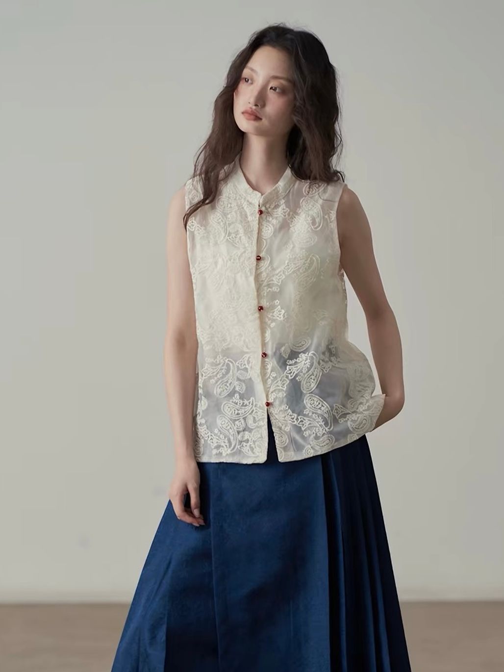 Yan Ai Sheer Embroidered Mandarin-Collar Vest & Culottes (Sold Seperately)