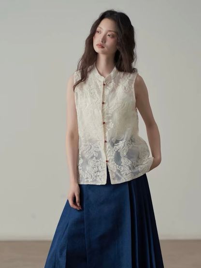 Yan Ai Sheer Embroidered Mandarin-Collar Vest &  Culottes (Sold Seperately)