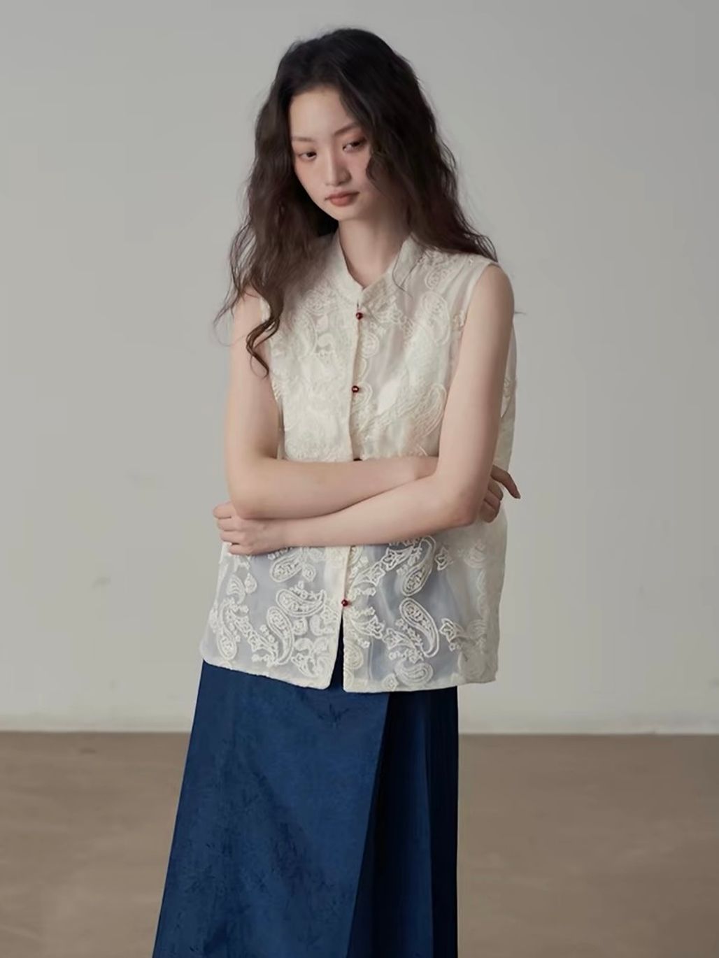 Yan Ai Sheer Embroidered Mandarin-Collar Vest &  Culottes (Sold Seperately)