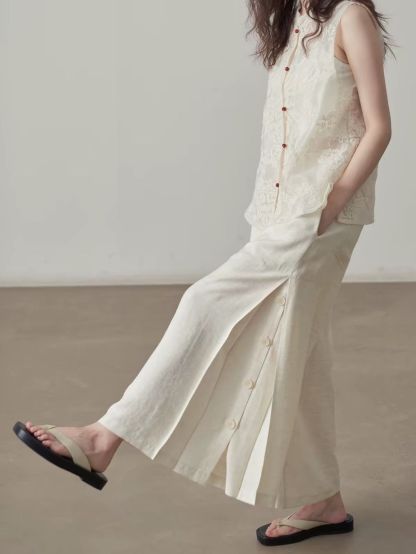 Yan Ai Sheer Embroidered Mandarin-Collar Vest &  Culottes (Sold Seperately)
