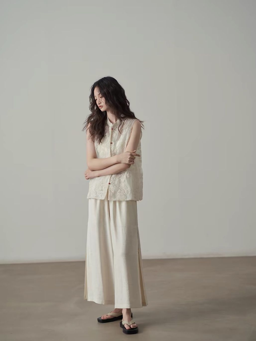 Yan Ai Sheer Embroidered Mandarin-Collar Vest &  Culottes (Sold Seperately)