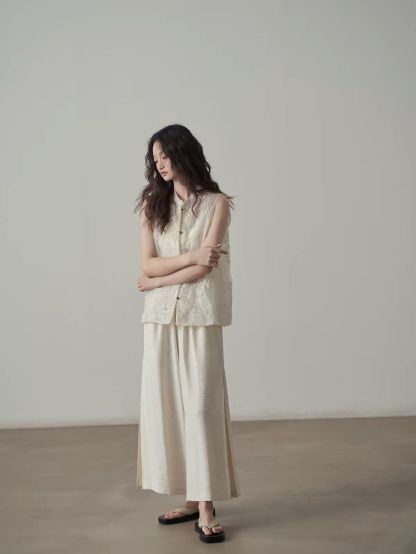 Yan Ai Sheer Embroidered Mandarin-Collar Vest &  Culottes (Sold Seperately)