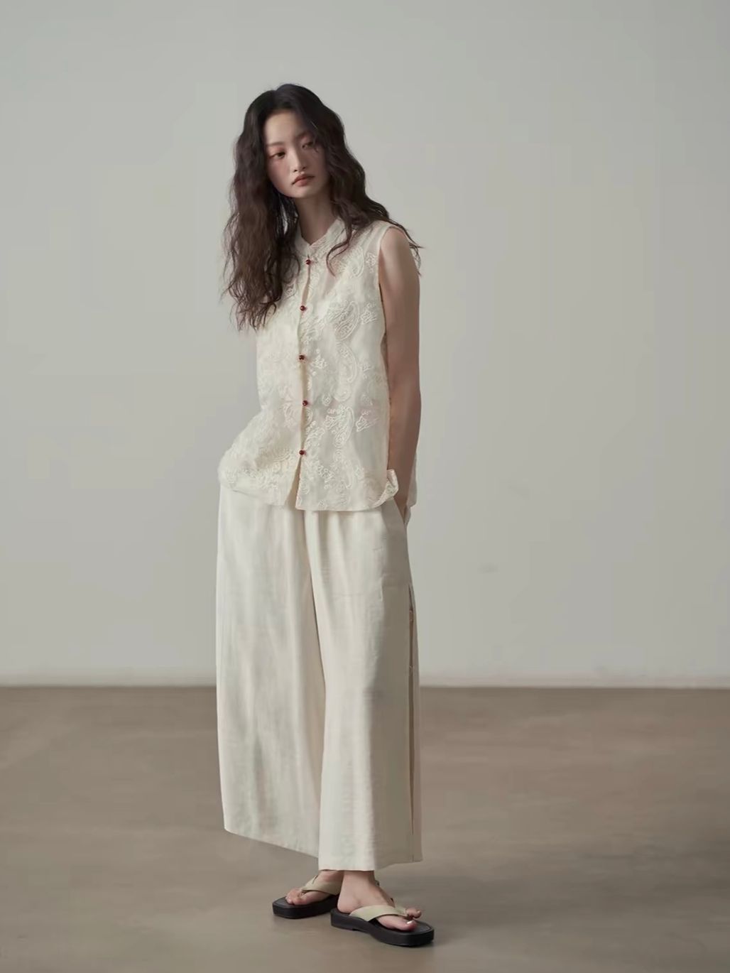 Yan Ai Sheer Embroidered Mandarin-Collar Vest &  Culottes (Sold Seperately)
