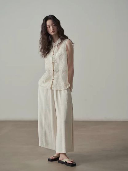 Yan Ai Sheer Embroidered Mandarin-Collar Vest &  Culottes (Sold Seperately)