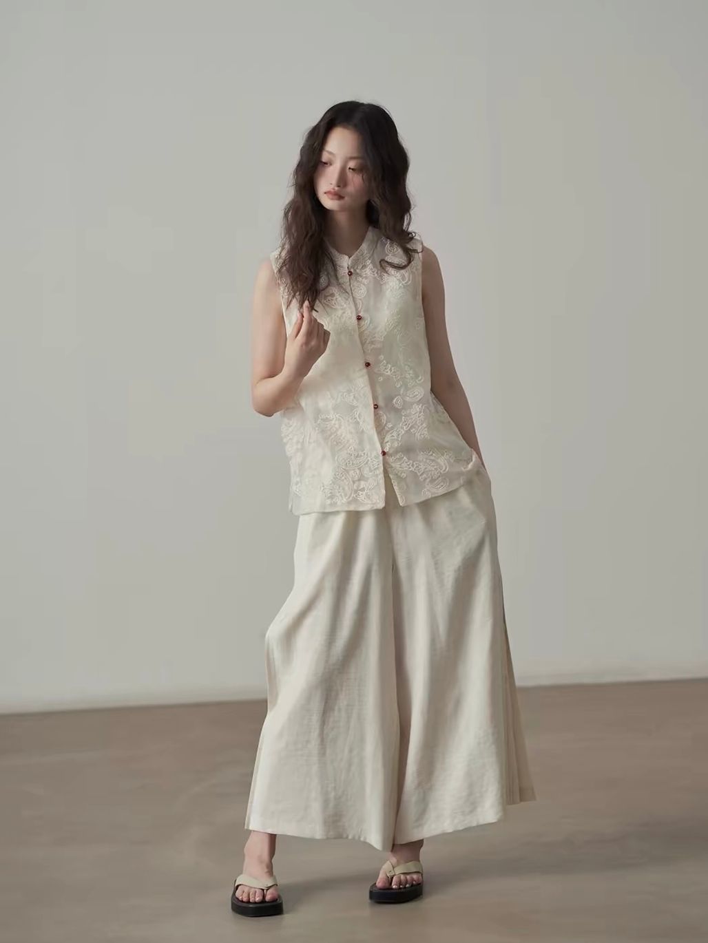 Yan Ai Sheer Embroidered Mandarin-Collar Vest &  Culottes (Sold Seperately)